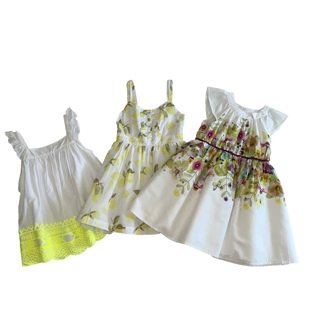 Girls Dresses‎ Set 3 White Floral Lemon Embroidered Ruffle Cap Sleeve Size 6/6x